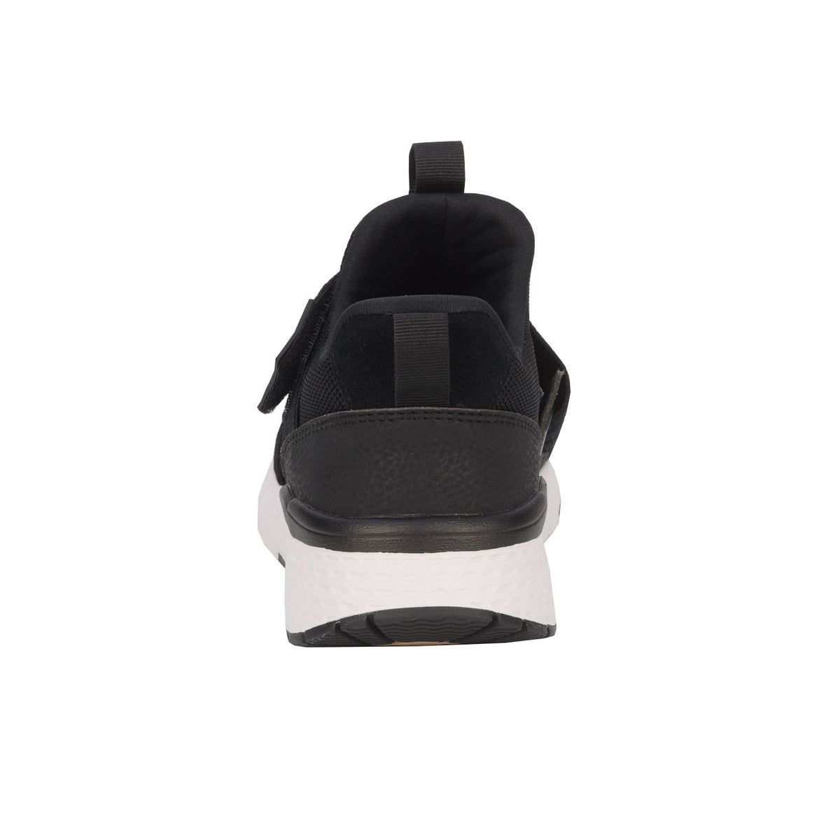 Black sneaker with a white sole on a white background