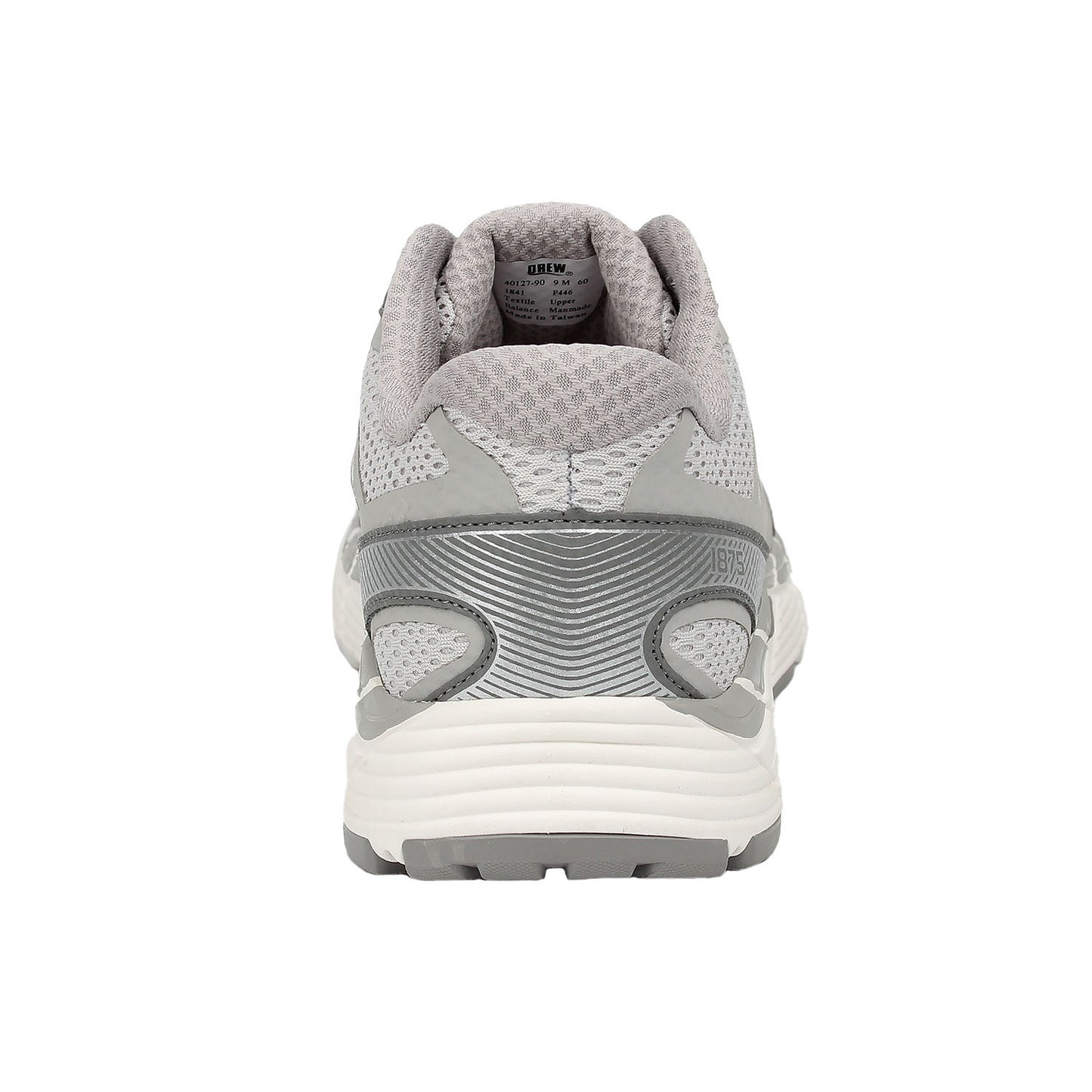 Grey running shoe back view with white sole