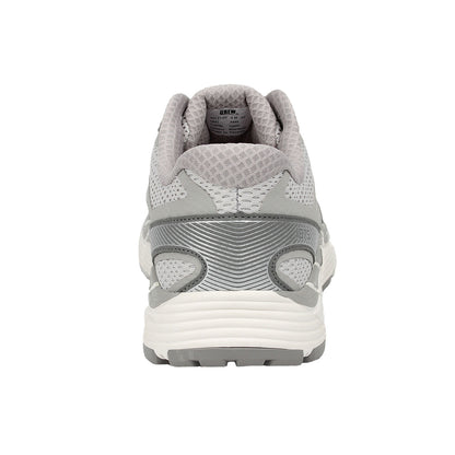 Grey running shoe back view with white sole