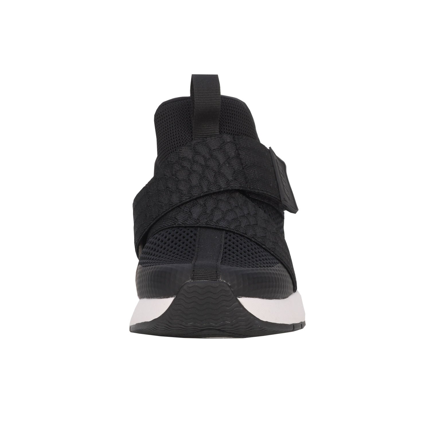 Black sneaker with white sole on a white background