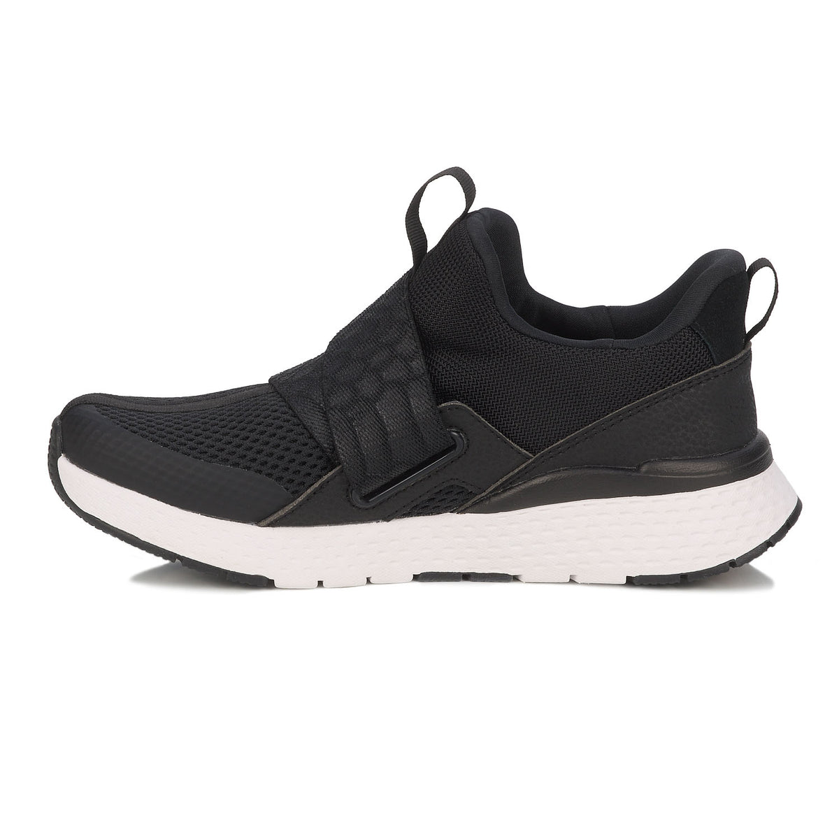 Black athletic shoe with white sole on a white background