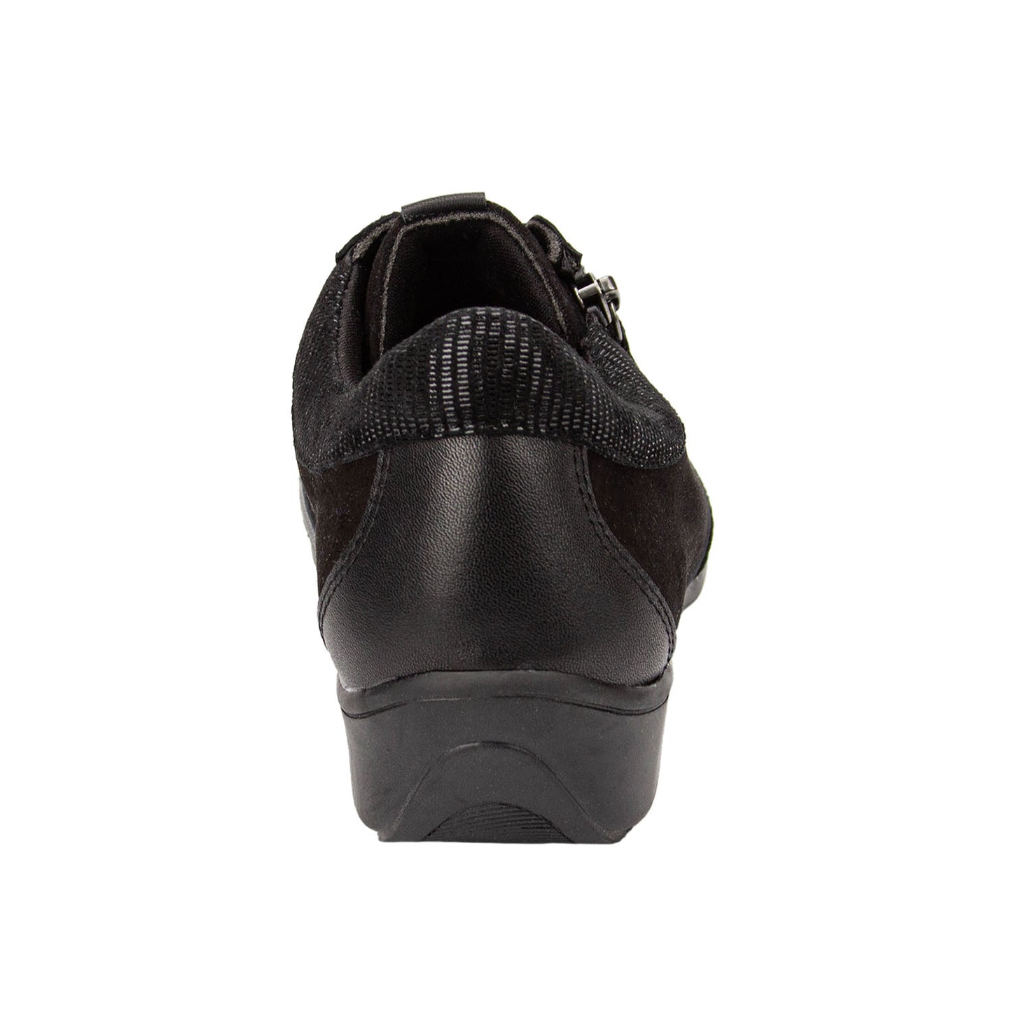 Black shoe with a wedge sole on a white background