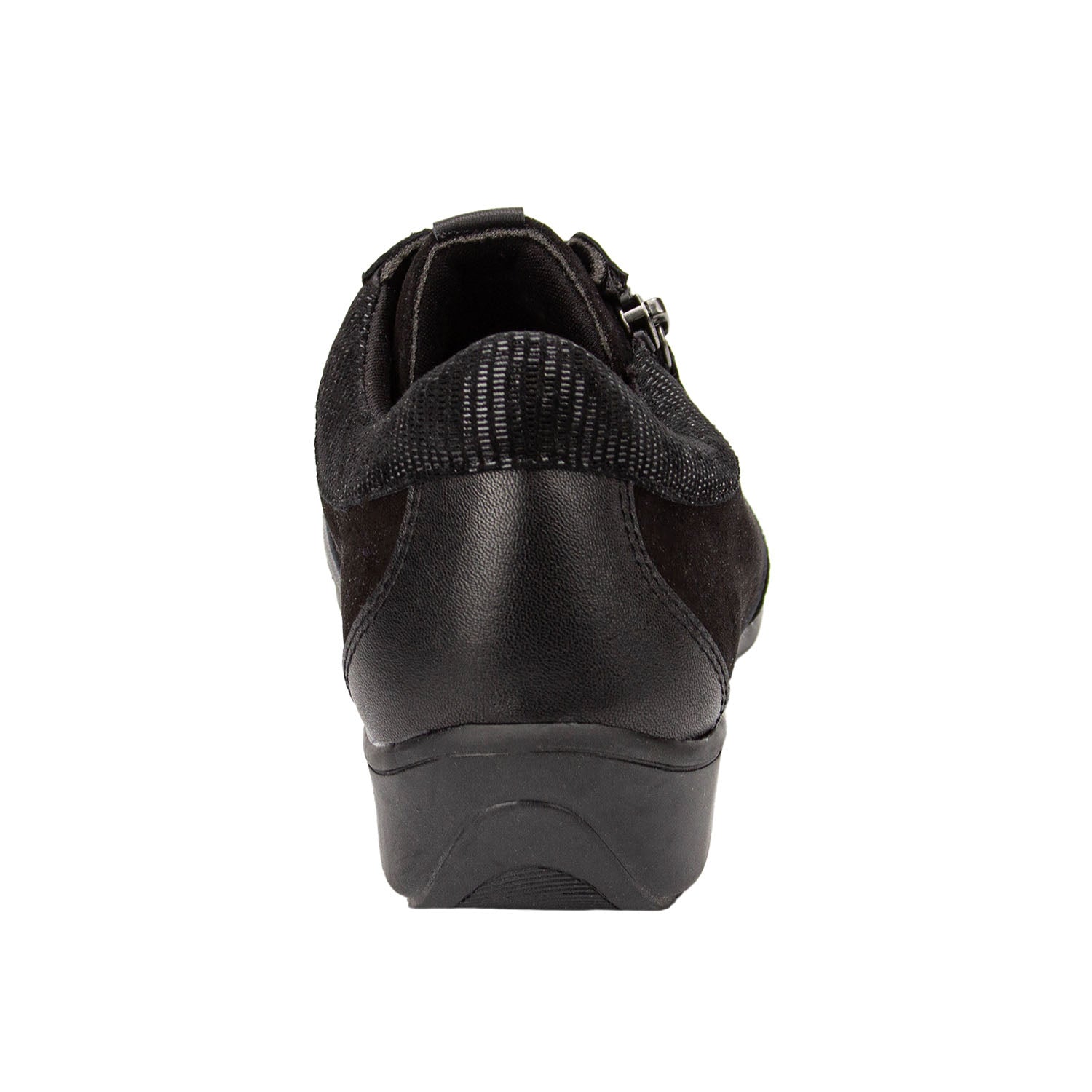 Black shoe with a wedge sole on a white background