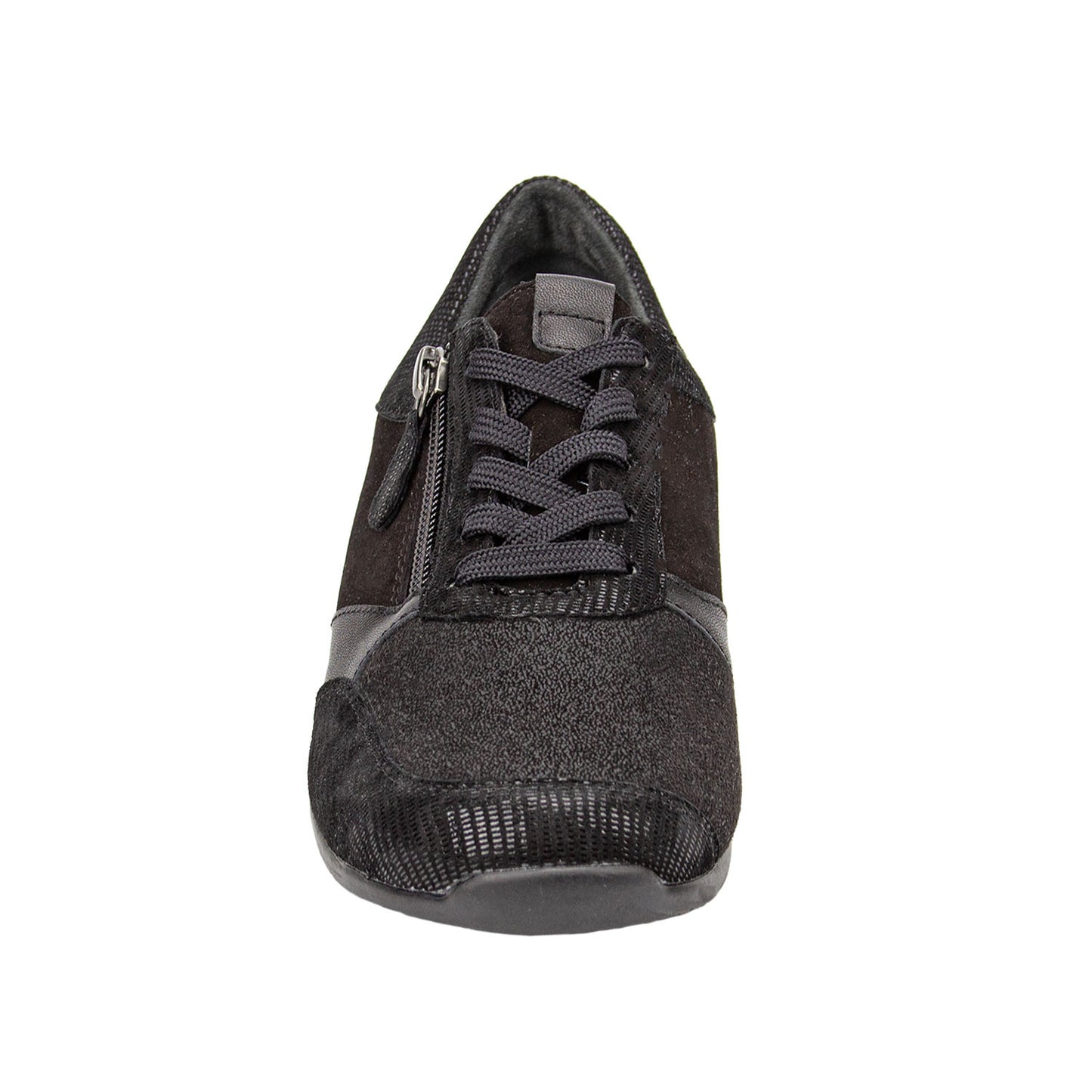 Black shoe with a textured sole on a white background