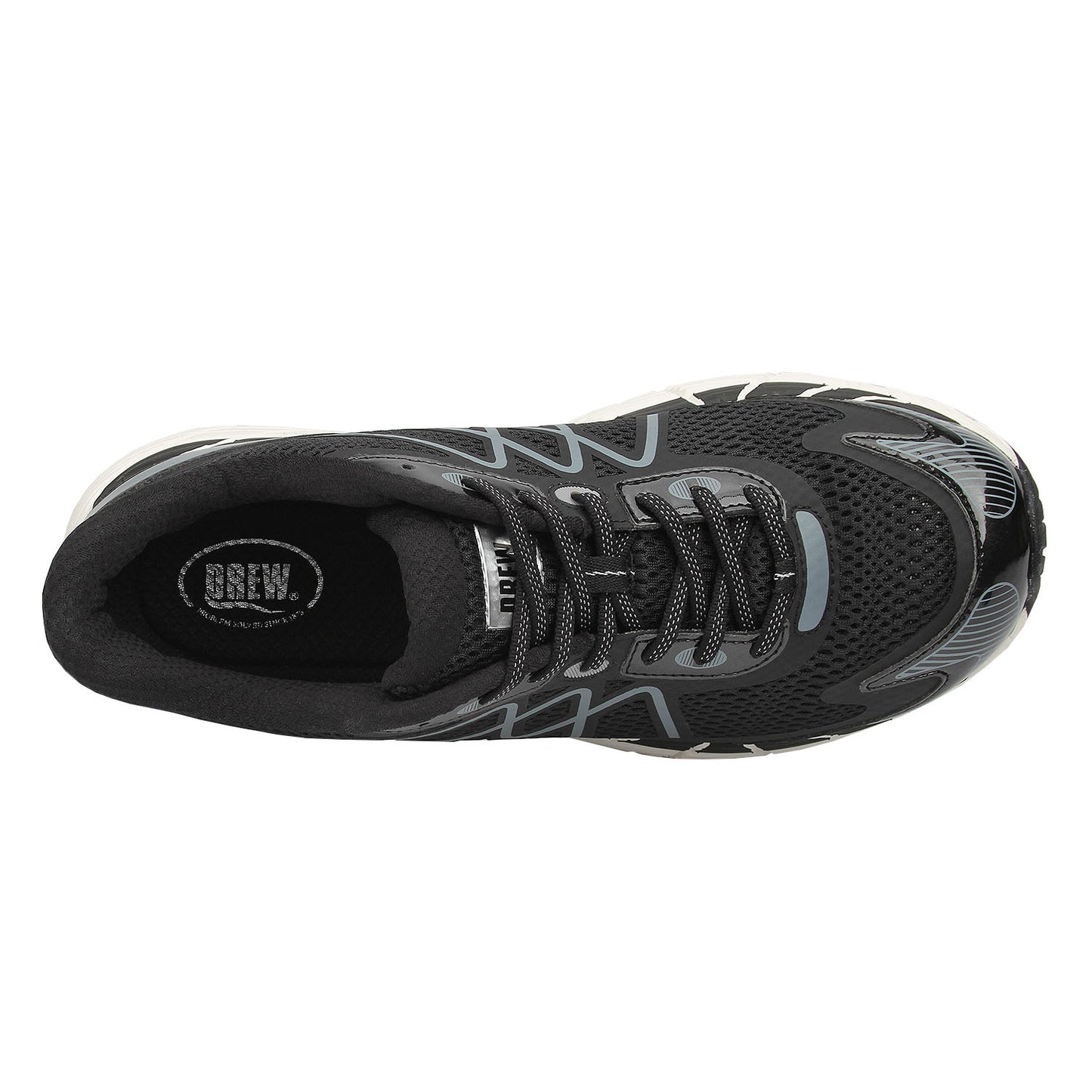Black athletic shoe with gray accents on a white background