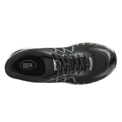 Black athletic shoe with gray accents on a white background