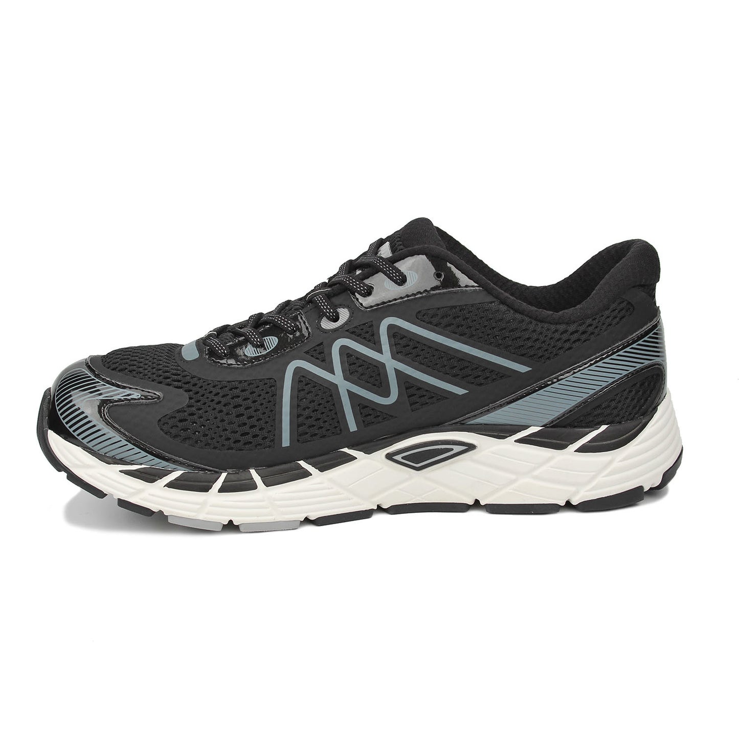 Black running shoe with grey accents on white background