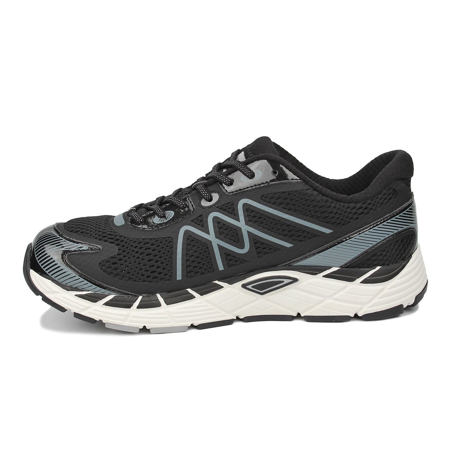 Black running shoe with grey accents on white background