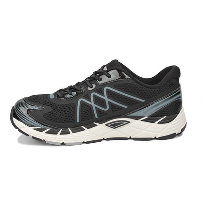 Black running shoe with grey accents on white background
