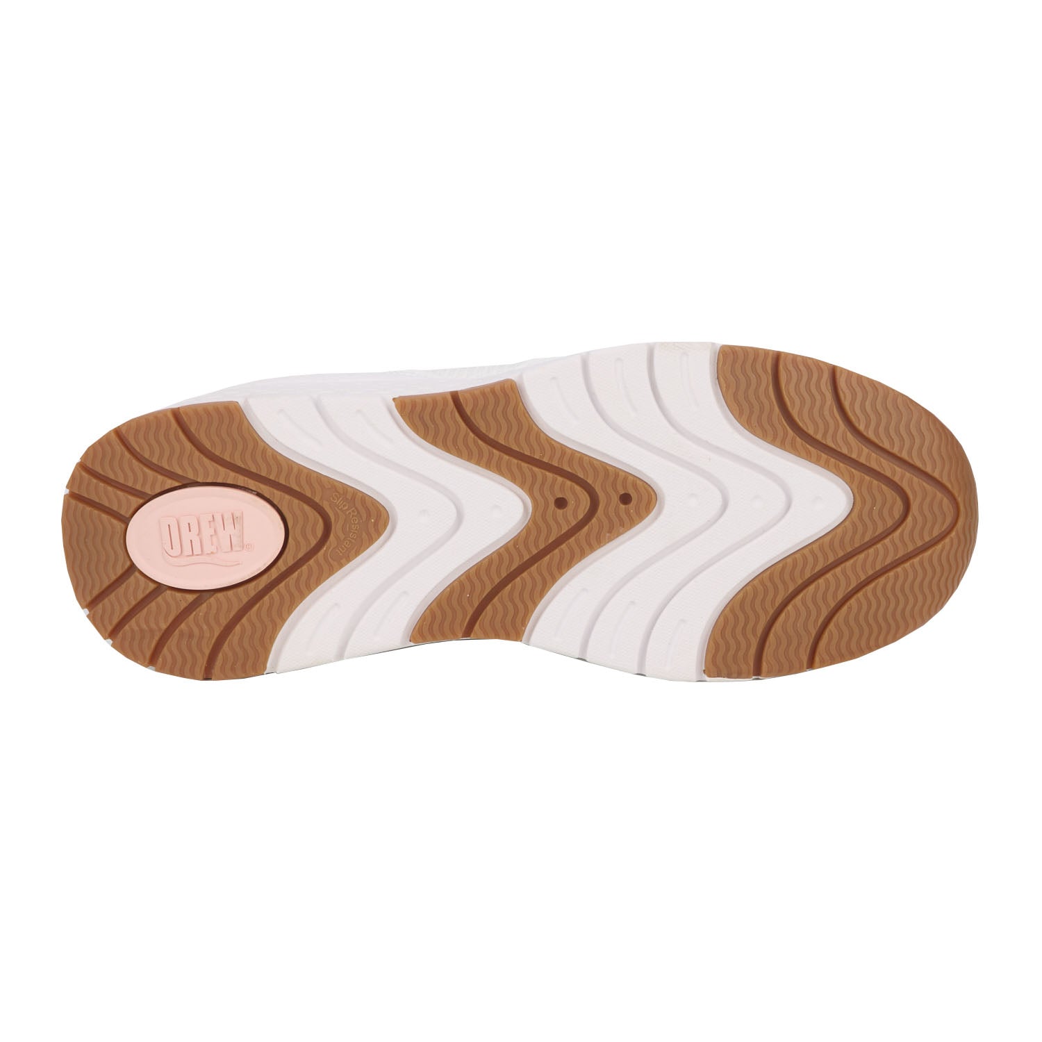 Drew Bobbie White Combo, Sole of a shoe with brown and white wavy pattern on a white background