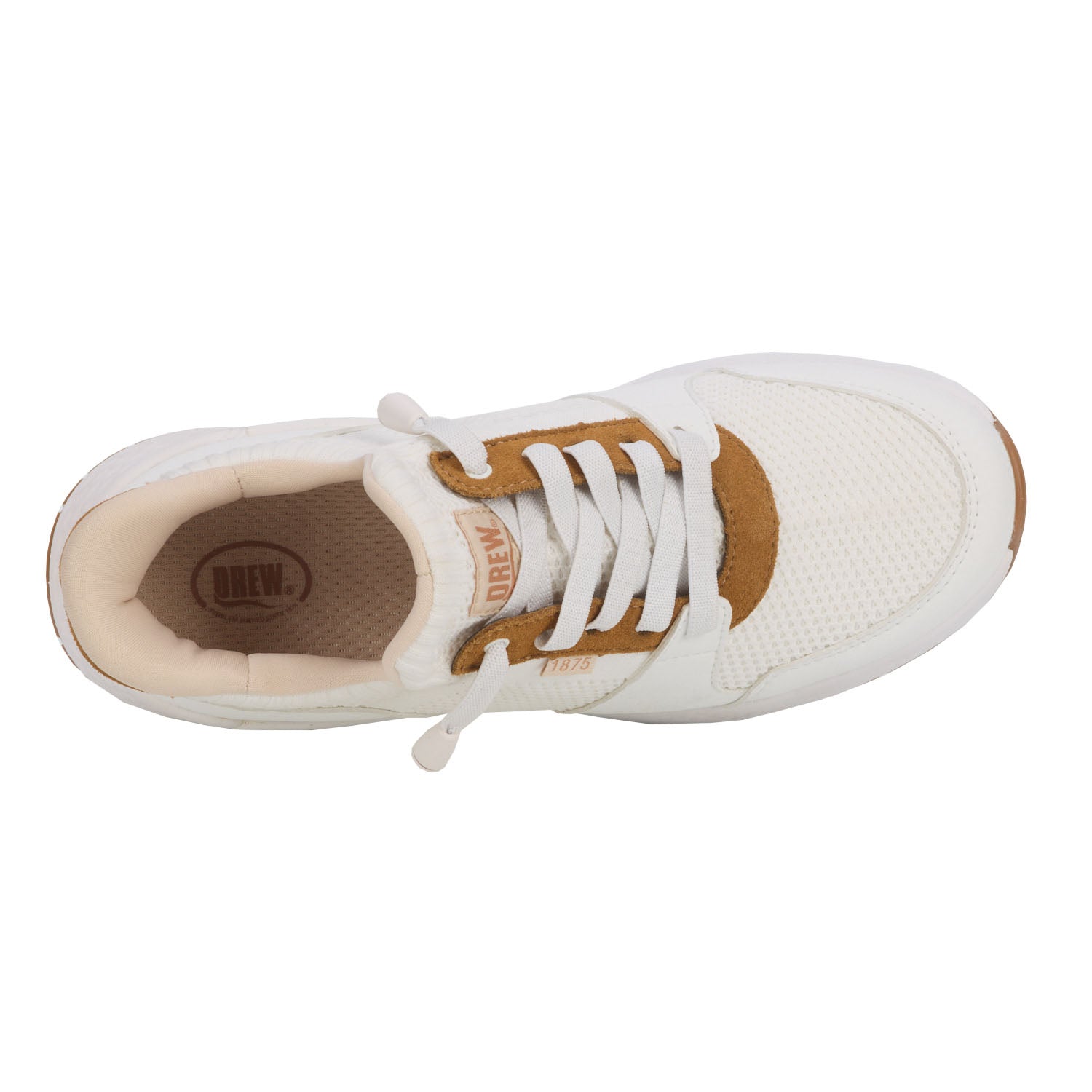 Drew Bobbie White Combo, White sneaker with brown accents on a white background Top View