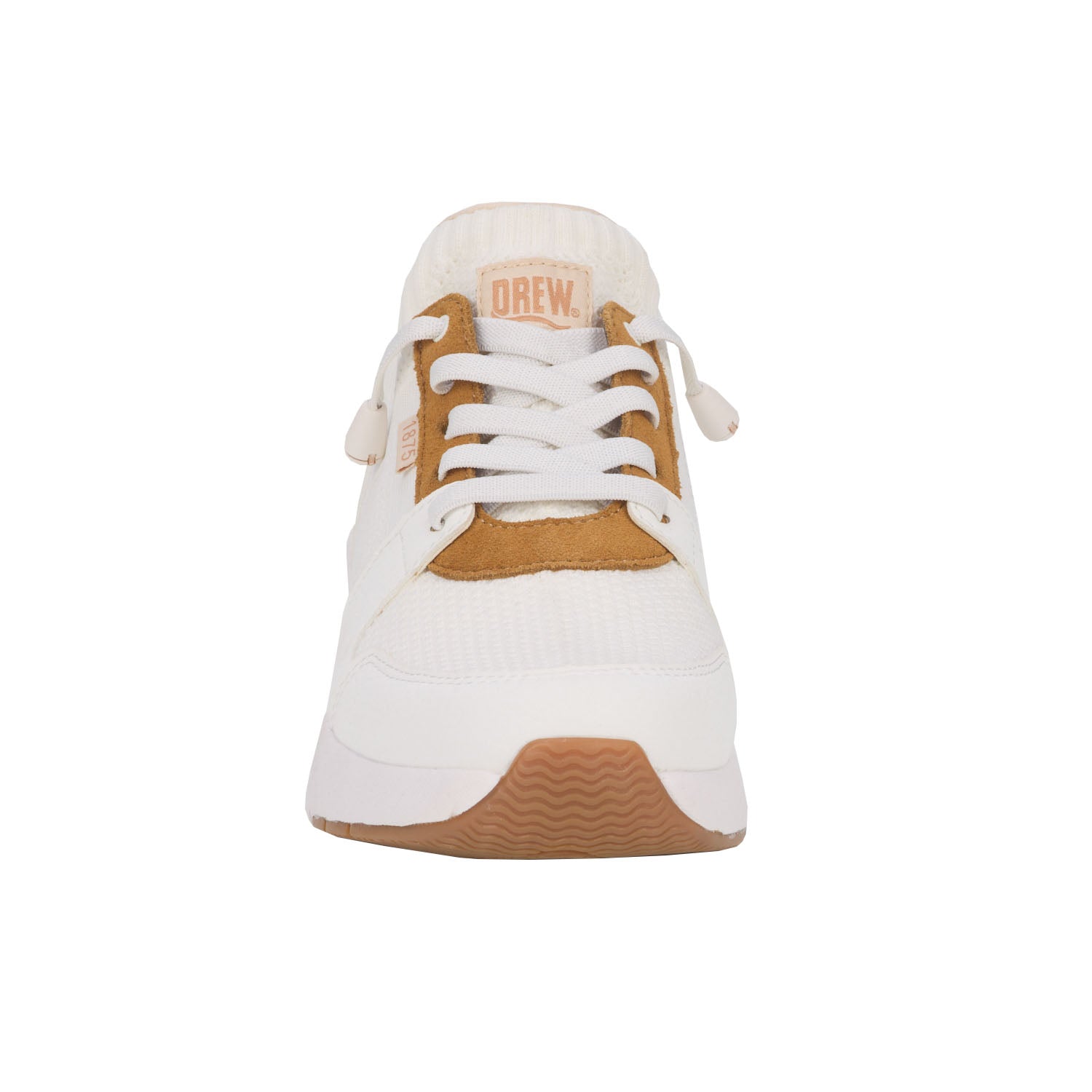 Drew Bobbie White Combo, White sneaker with brown accents on a white background Front view
