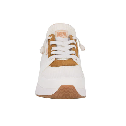 Drew Bobbie White Combo, White sneaker with brown accents on a white background Front view