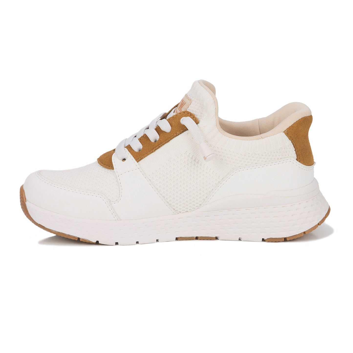 Drew Bobbie White Combo, White sneaker with brown accents on a white background 