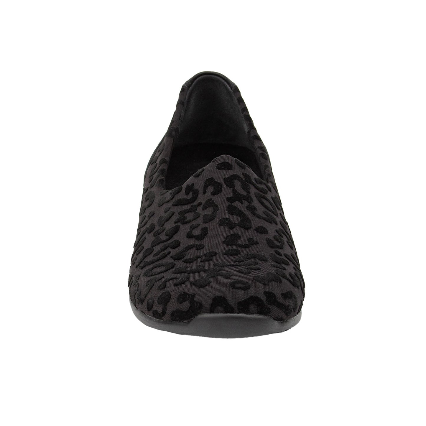 Black loafer with leopard print pattern on a white background