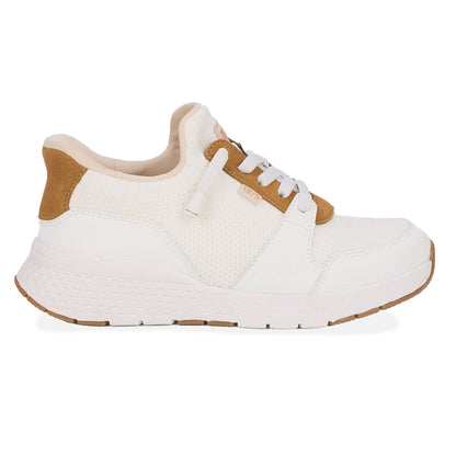 Drew Bobbie White Combo, White sneaker with brown accents on a white background