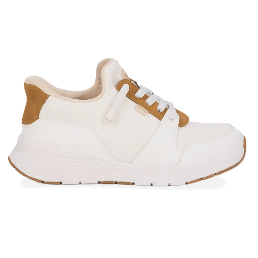 Drew Women's Bobbie Hands-Free Athletic Shoes - Drew Bobbie White Combo, White sneaker with brown accents on a white background