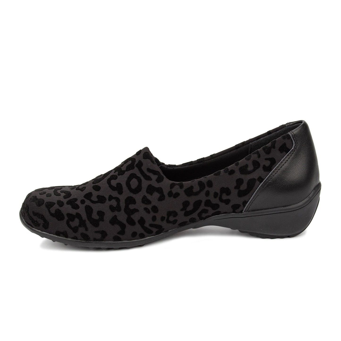 Black leather shoe with a strap on a white background