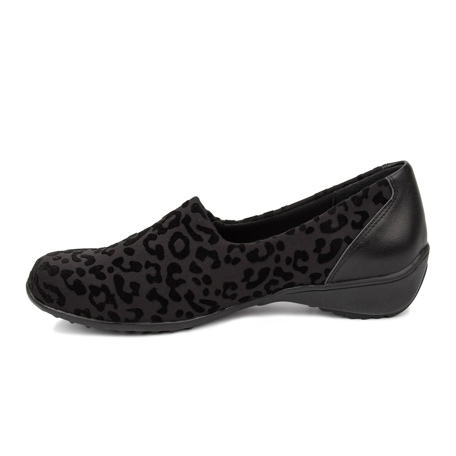 Black leather shoe with a strap on a white background
