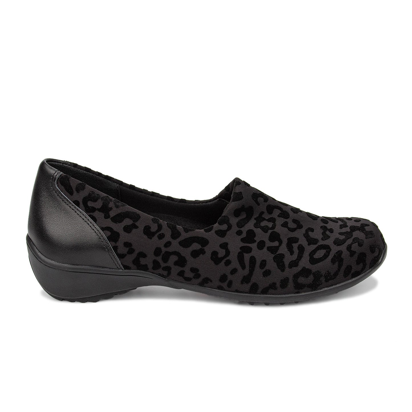 Black slip-on shoe with cheetah print pattern on a white background