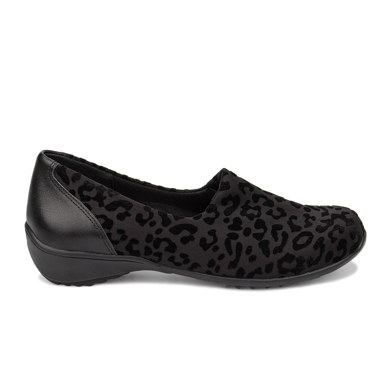 Black slip-on shoe with cheetah print pattern on a white background