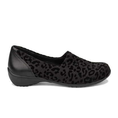 Black slip-on shoe with cheetah print pattern on a white background