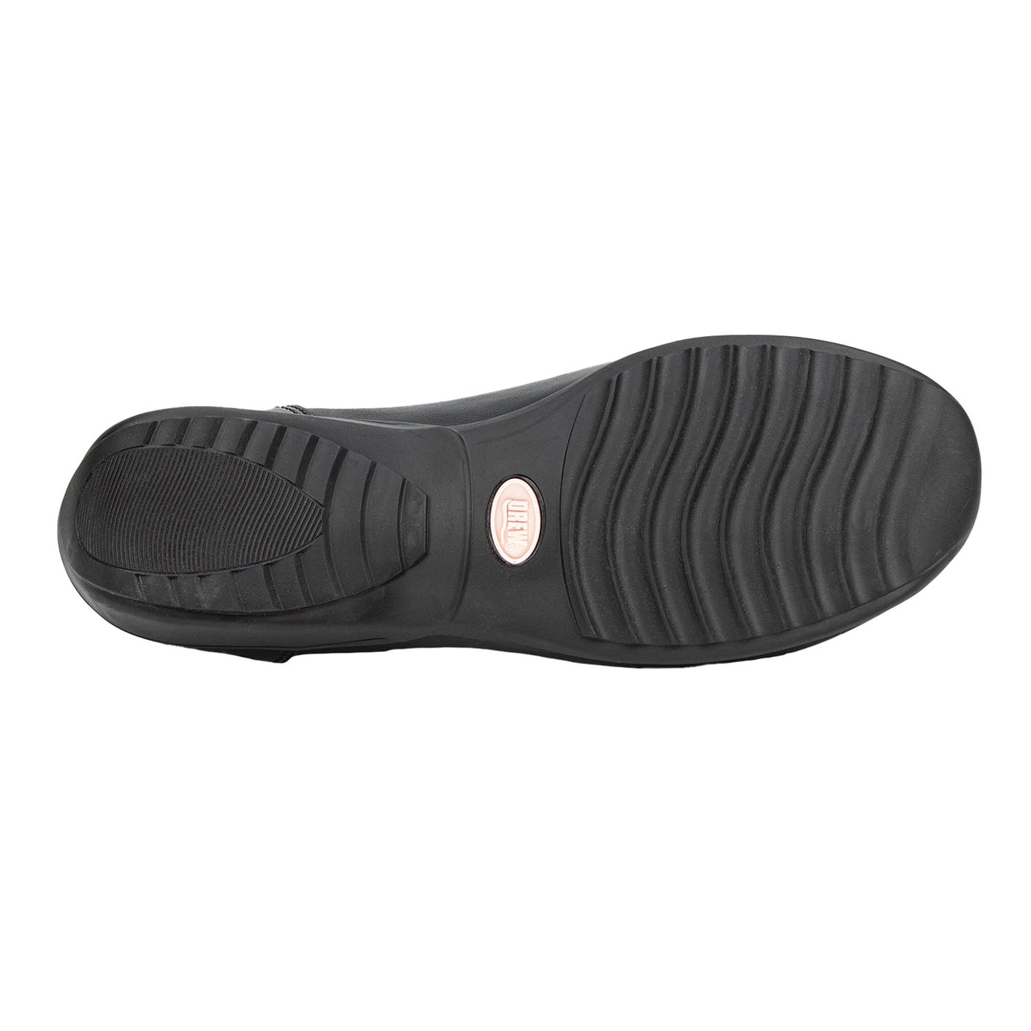 Black shoe sole with a brand logo on a white background