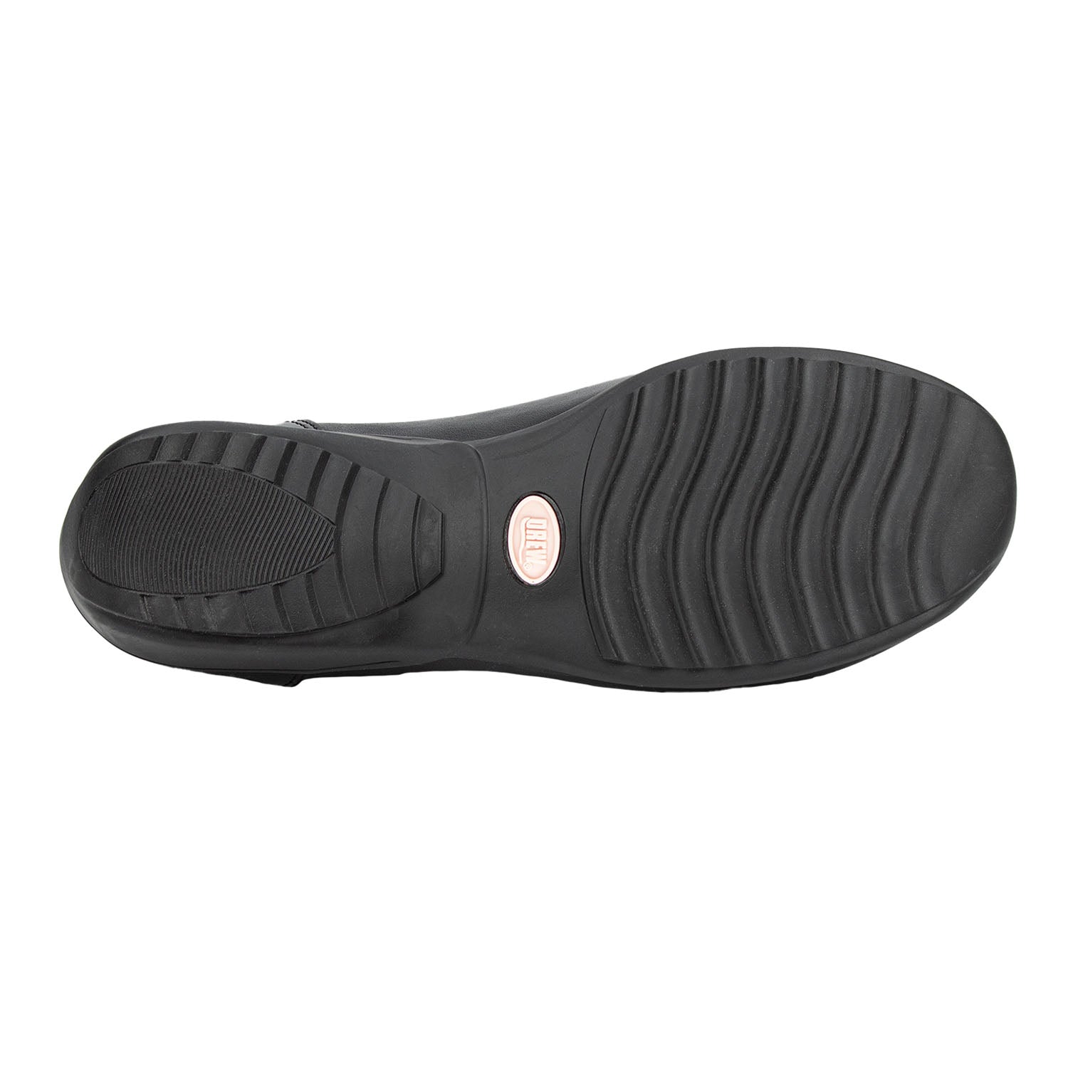 Black shoe sole with a brand logo on a white background