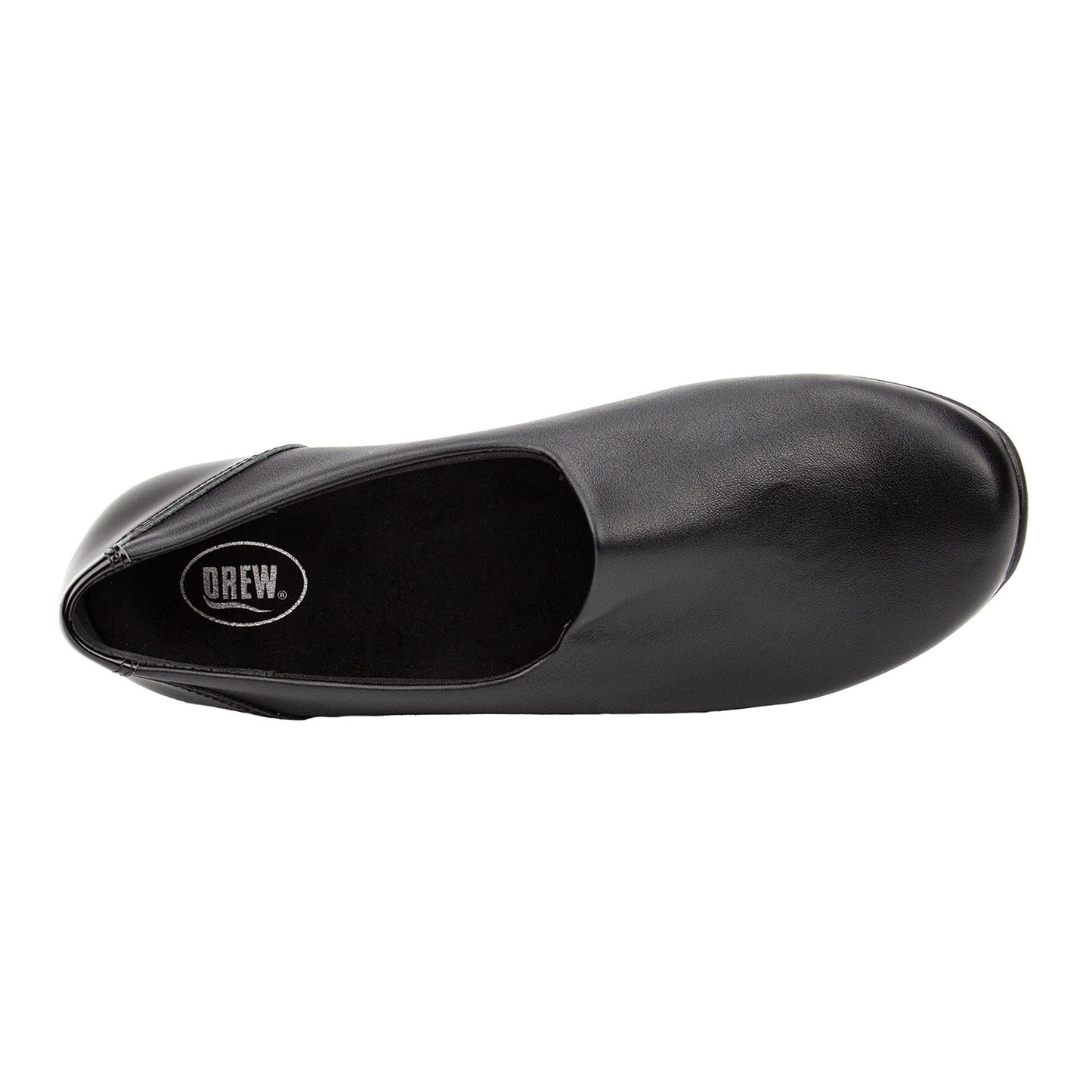 Black shoe with 'Drew' logo on a white background