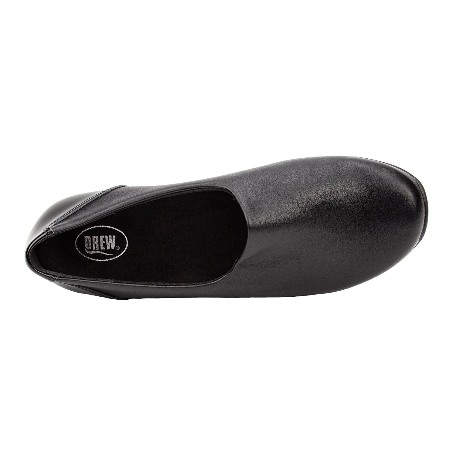 Black shoe with 'Drew' logo on a white background