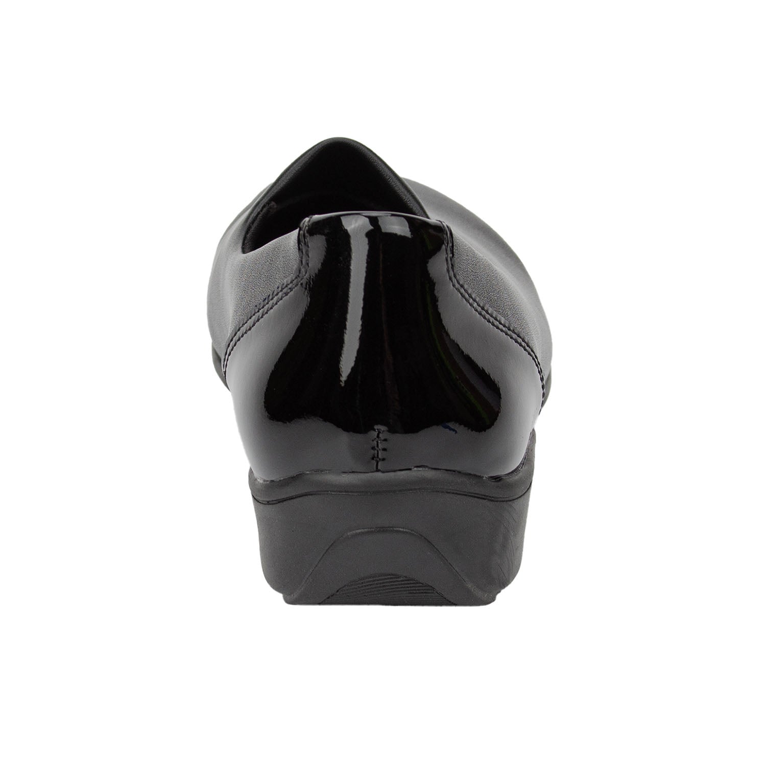 Black patent leather shoe on a white background