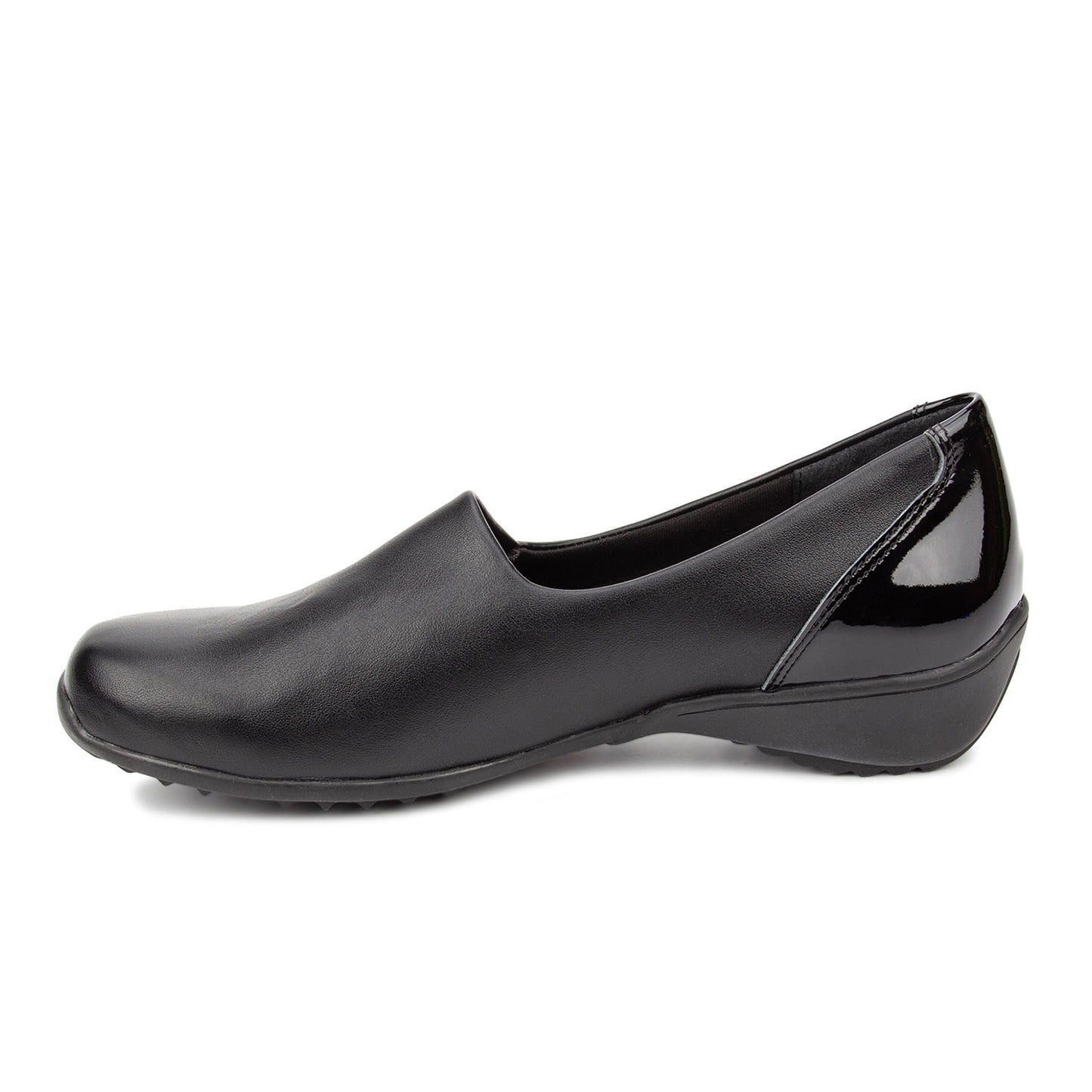 Black slip-on shoe on a white background