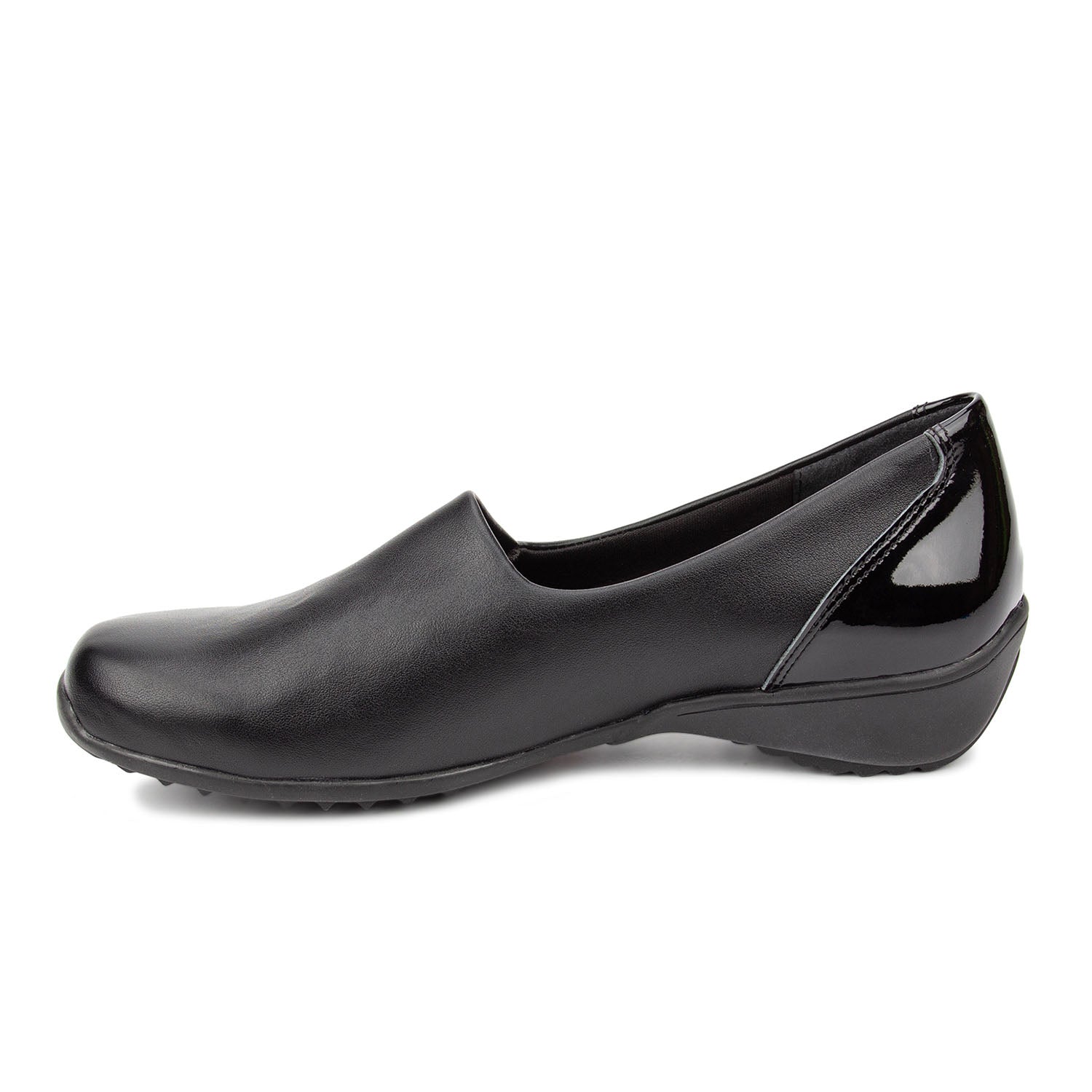 Black slip-on shoe on a white background