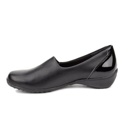 Black slip-on shoe on a white background