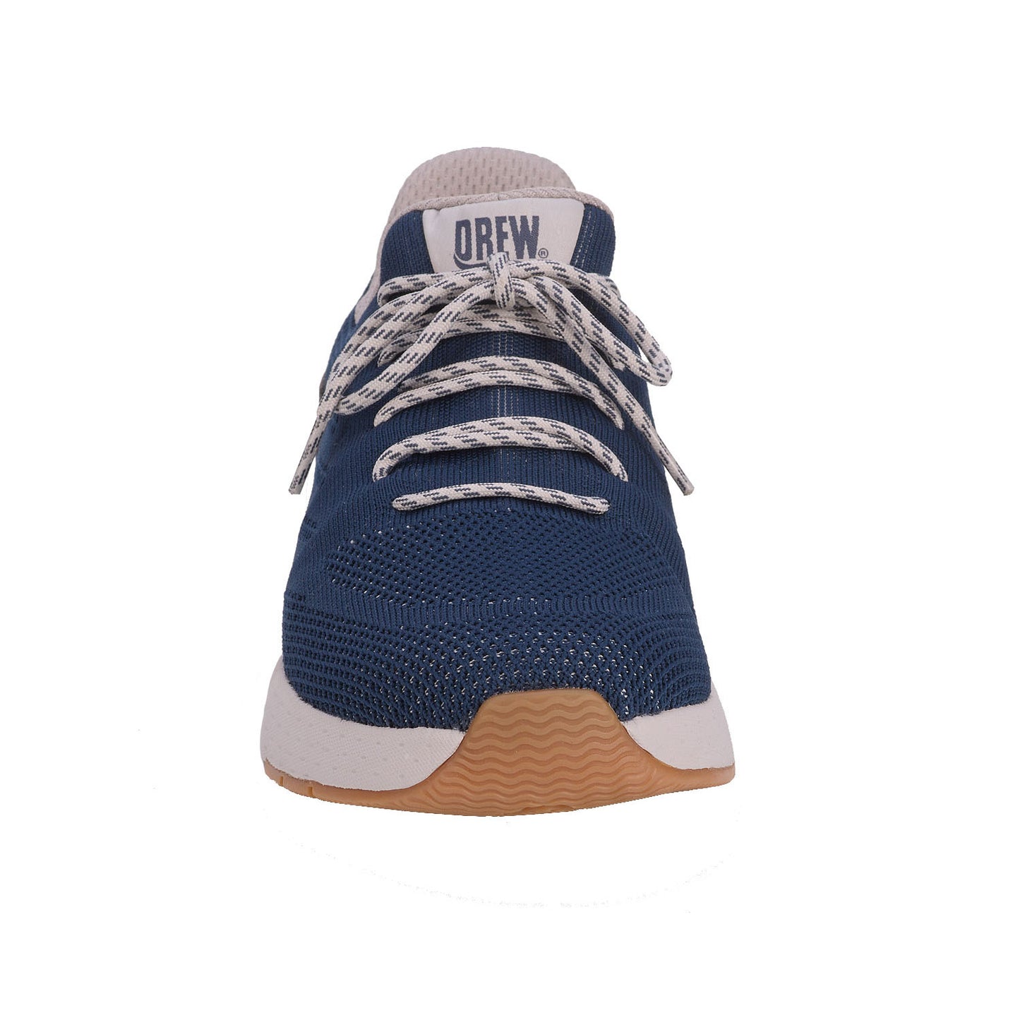 Navy blue sneaker with white laces on a white background