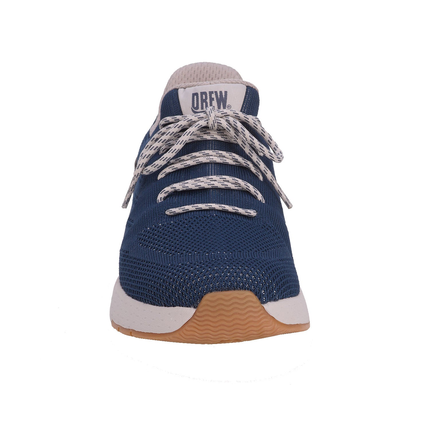 Navy blue sneaker with white laces on a white background