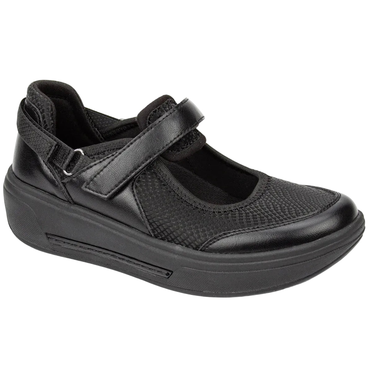 A single black women's wedge shoe with a hook-and-loop strap closure, featuring a mix of smooth and textured synthetic materials, shown on a white background.