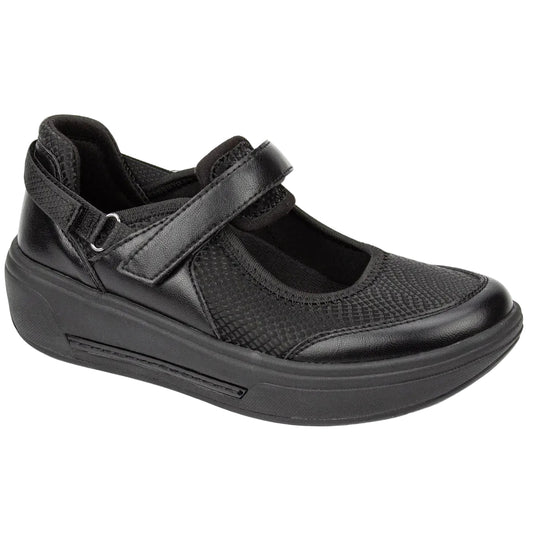 Drew Women's Janice Casual Shoes - A single black women's wedge shoe with a hook-and-loop strap closure, featuring a mix of smooth and textured synthetic materials, shown on a white background.