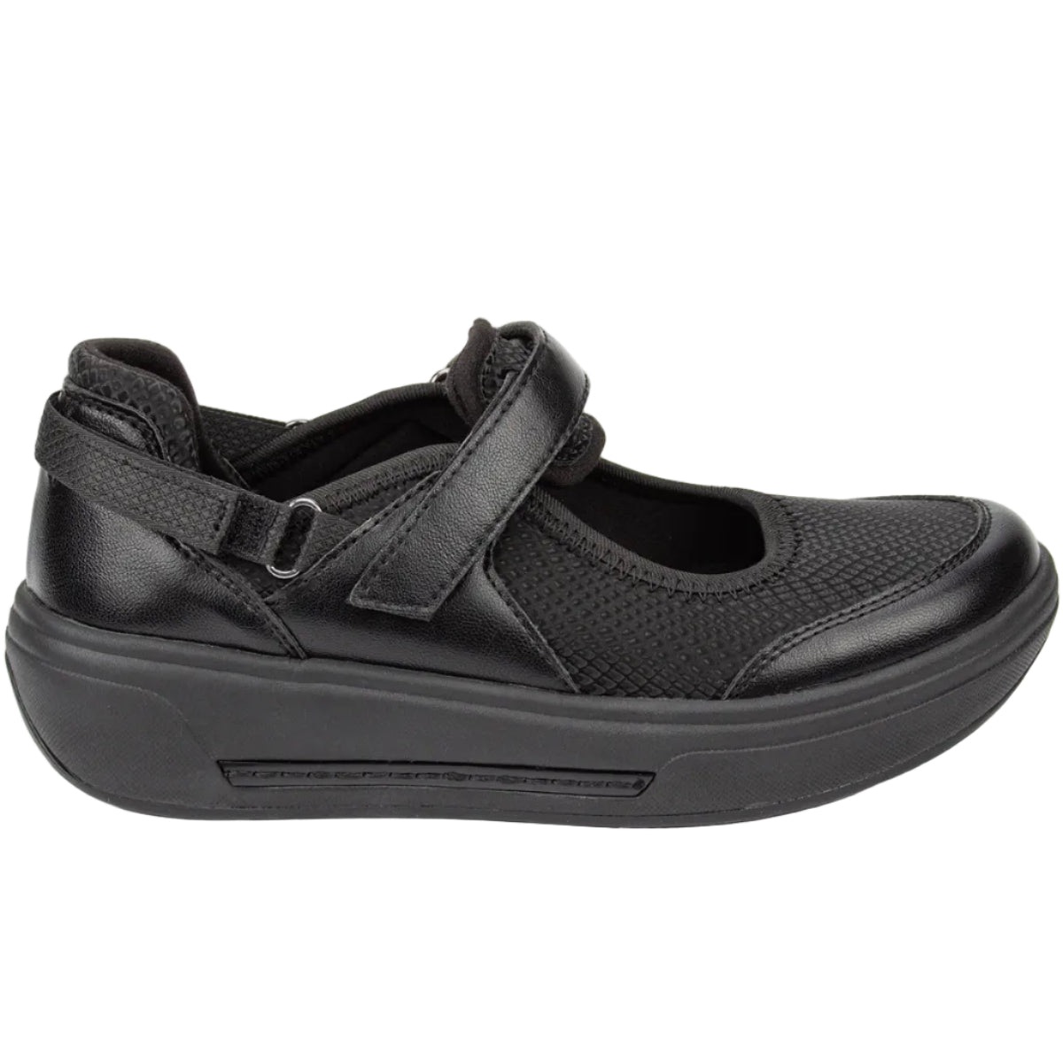 A black women's Mary Jane-style shoe with a hook-and-loop strap closure, shown in a side profile on a white background.