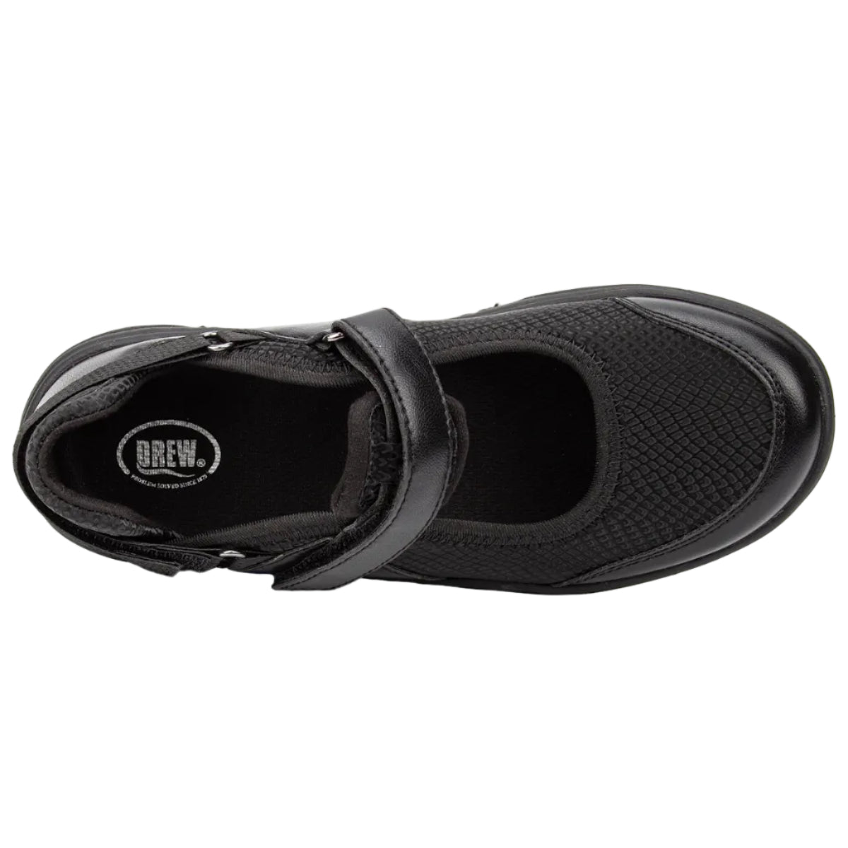 A single black slip-on shoe with a textured mesh upper and a wide strap, shown from a top-down view on a white background. The insole features a circular logo that reads 'BREW'.