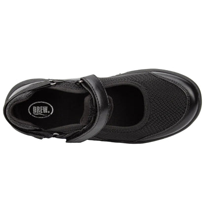 A single black slip-on shoe with a textured mesh upper and a wide strap, shown from a top-down view on a white background. The insole features a circular logo that reads 'BREW'.