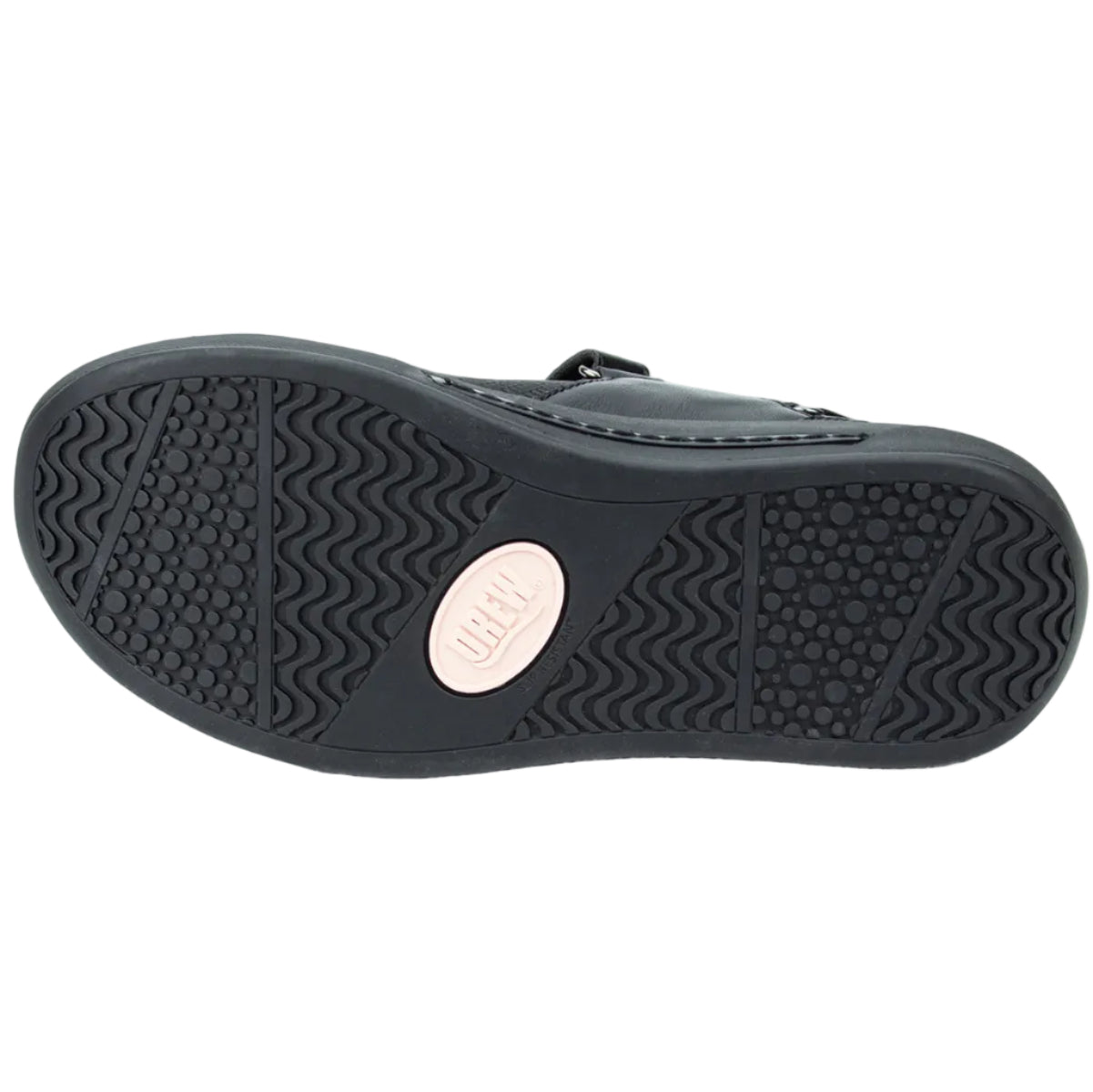 The black rubber outsole of a shoe, featuring a wavy tread pattern and a circular beige brand patch in the center, shown against a plain white background.