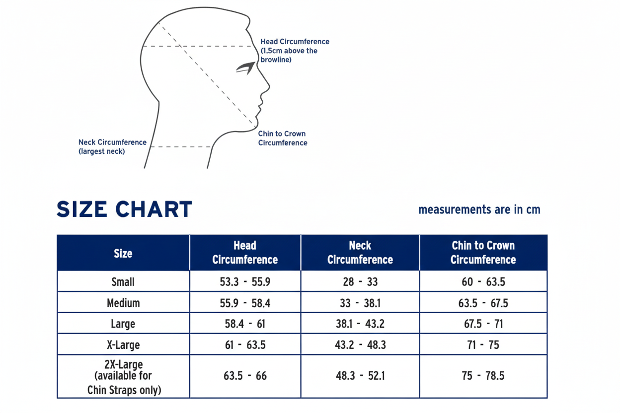 Size chart for head and neck circumference with a diagram of a head profile.