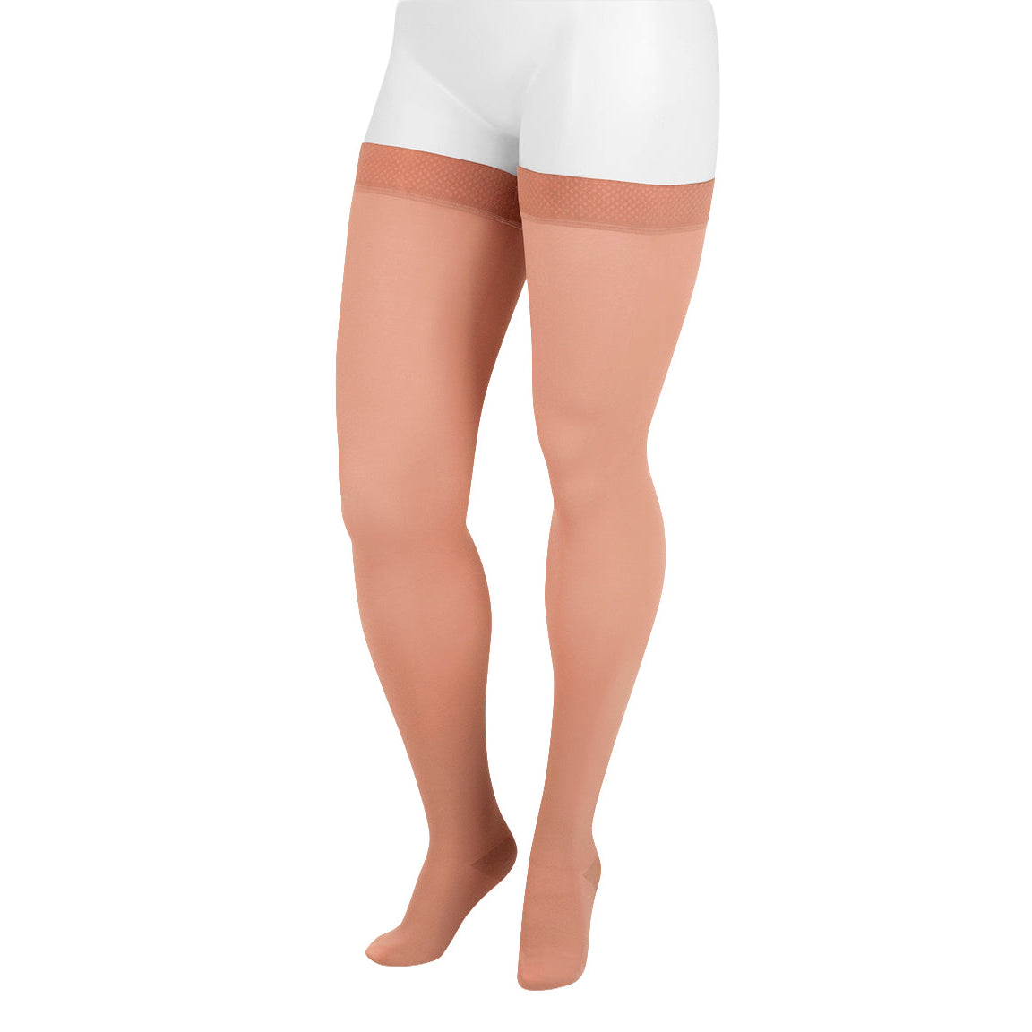 A pair of sheer thigh-high stockings shown on a lower-body mannequin or model form against a plain white background.