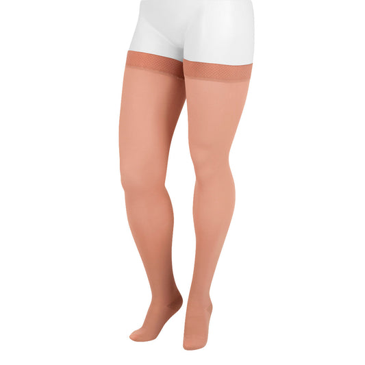 Juzo 3513 Dynamic Thigh Highs w/ Silicone Band 40-50 mmHg - A pair of sheer thigh-high stockings shown on a lower-body mannequin or model form against a plain white background.