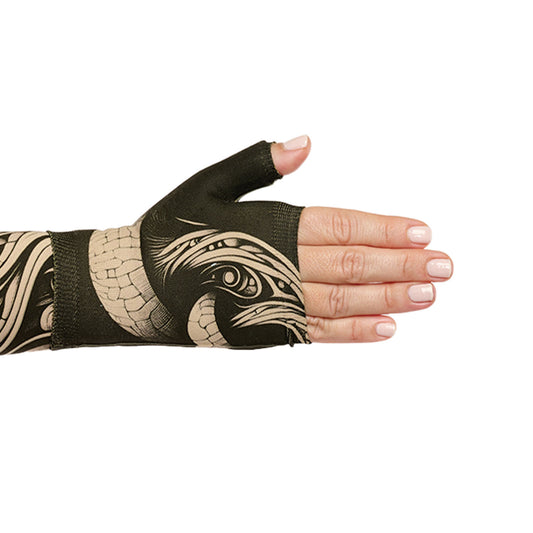 Juzo Soft 2002 Signature Collection Print Gauntlet 30-40 mmHg Left - Juzo Soft 2002 Signature Collection Print Gauntlet Black and tan mushroom design