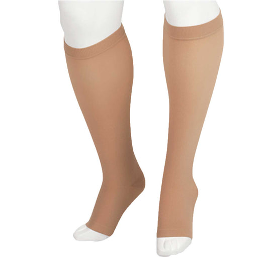 Juzo 2002 Soft Open Toe Knee Highs 30-40 mmHg - A pair of knee-high compression stockings shown on a white mannequin lower leg and foot form against a plain white background.