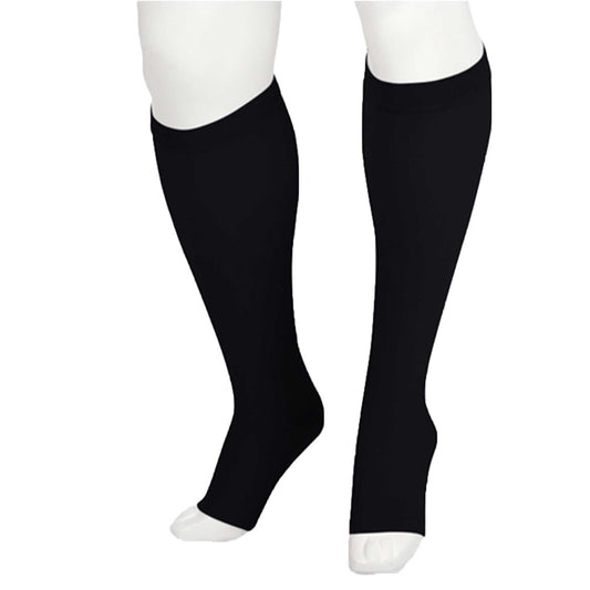 Juzo 2002 Soft Open Toe Knee Highs 30-40 mmHg - Black knee-high compression stockings shown on a white mannequin leg form against a plain white background.
