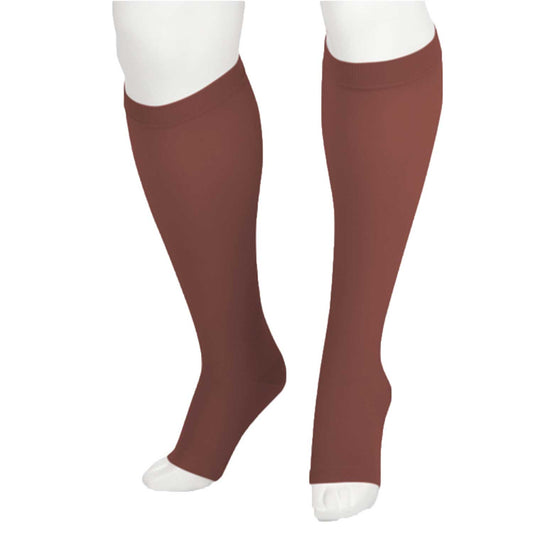 Juzo 2002 Soft Open Toe Knee Highs 30-40 mmHg - A pair of knee-high compression stockings in a solid rust brown color, shown on a white mannequin leg form against a plain white background.