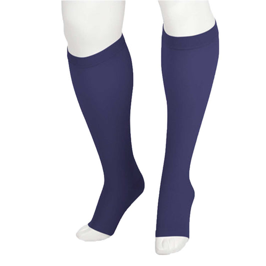 Juzo 2002 Soft Open Toe Knee Highs 30-40 mmHg - A pair of navy blue knee-high compression stockings shown on a white mannequin leg form against a plain white background.